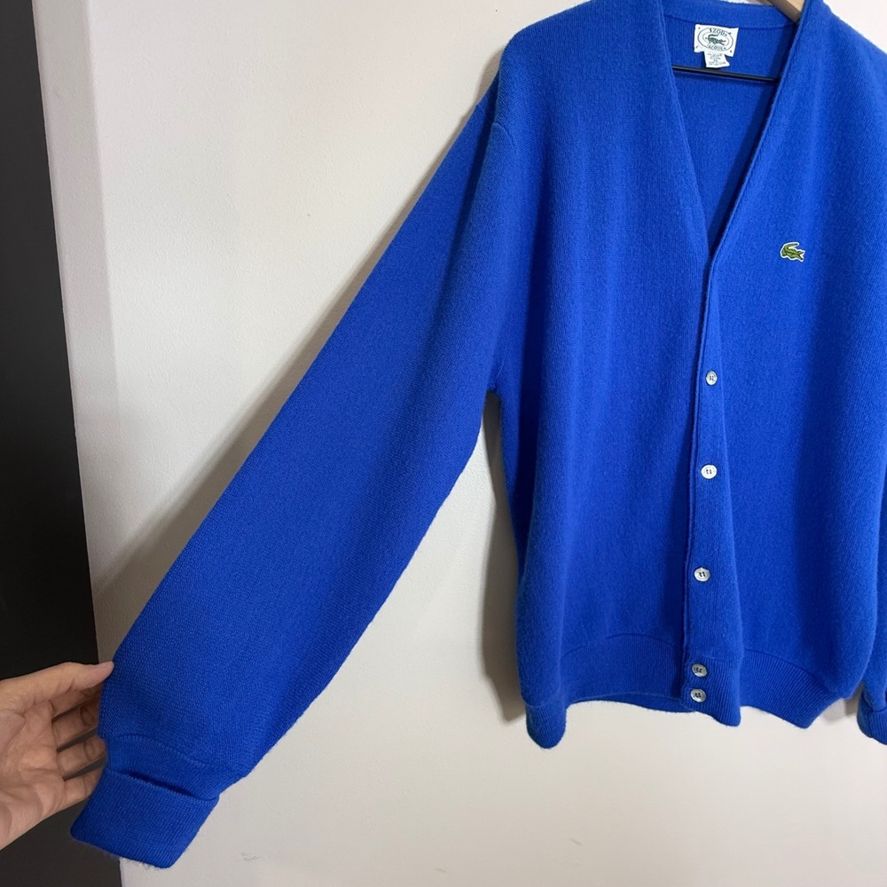 Vintage 80s Izod Lacoste Cardigan Sweater XL Blue Orlon Acrylic V Neck Alligator - Picture 3 of 8